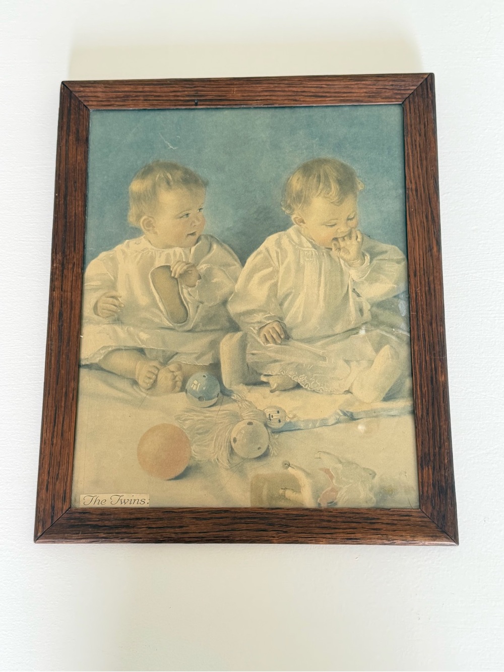 Antique 1920s Maud Tousey Fangel "The Twins" Framed Print Wood Oak Nursery Art